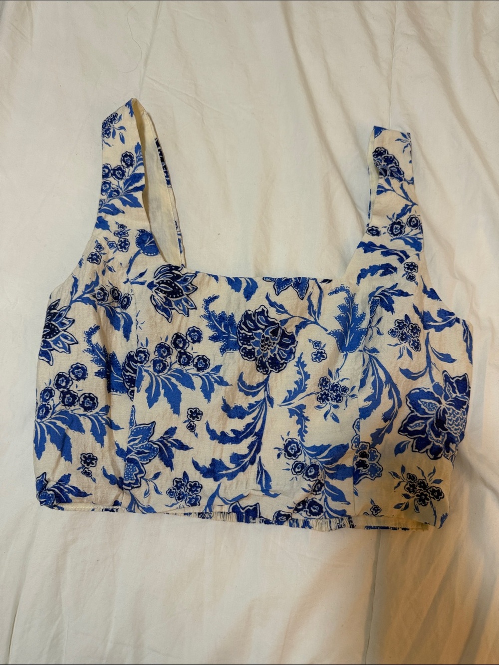 Mango Blue Floral Square-Neck Crop Top on Cream